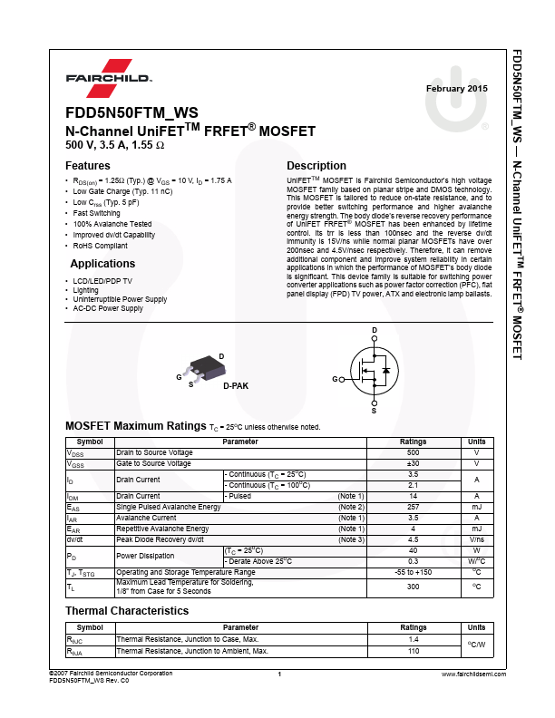 FDD5N50FTM_WS Fairchild Semiconductor