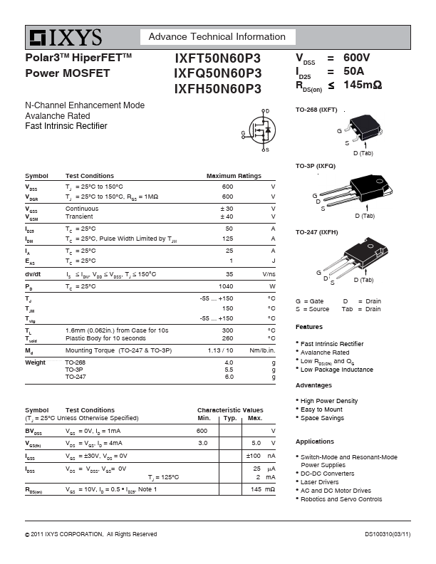 IXFT50N60P3