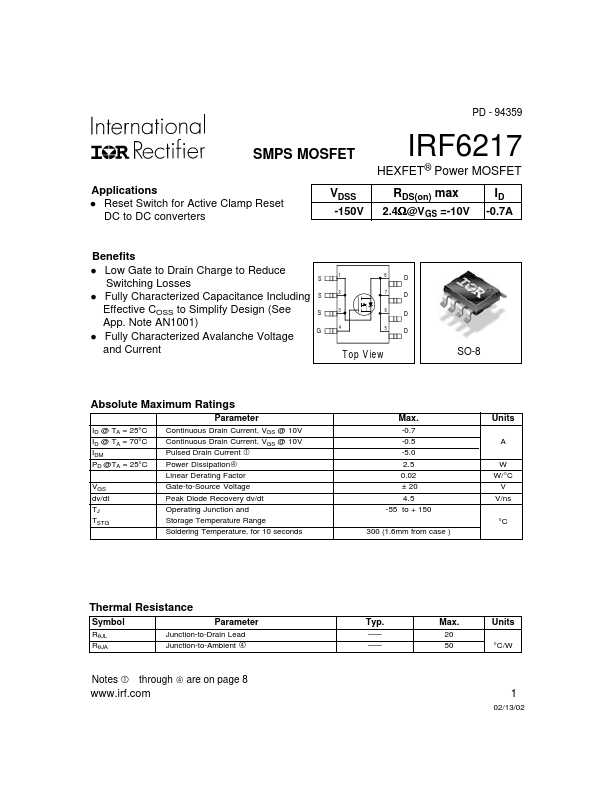 <?=IRF6217?> डेटा पत्रक पीडीएफ