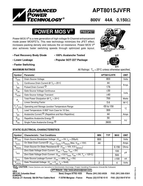 APT8015JVFR Advanced Power Technology