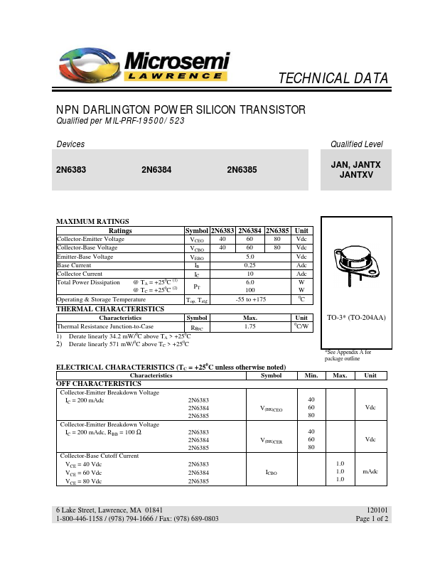 2N6384 Microsemi Corporation