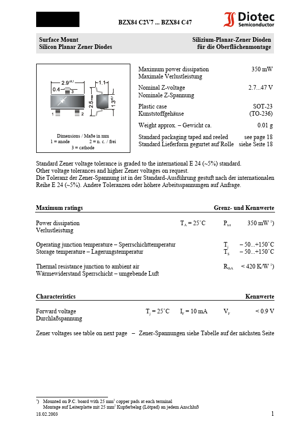 BZX84C3V6 Diotec Semiconductor