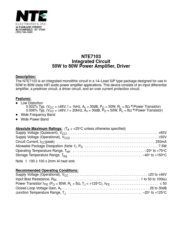 NTE7103 NTE Electronics