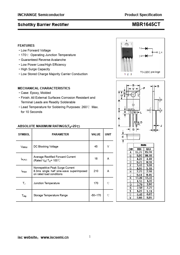 MBR1645CT Rectifier Datasheet pdf - Barrier Rectifier. Equivalent, Catalog