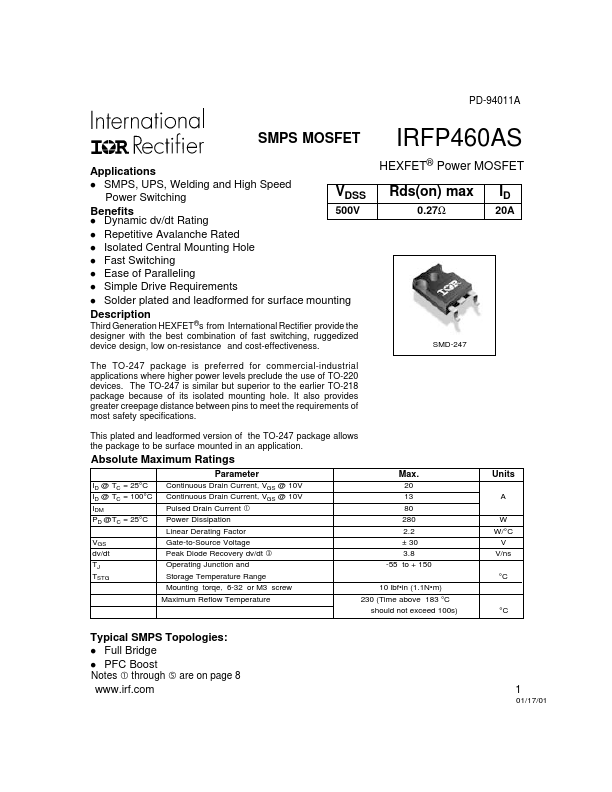 <?=IRFP460AS?> डेटा पत्रक पीडीएफ