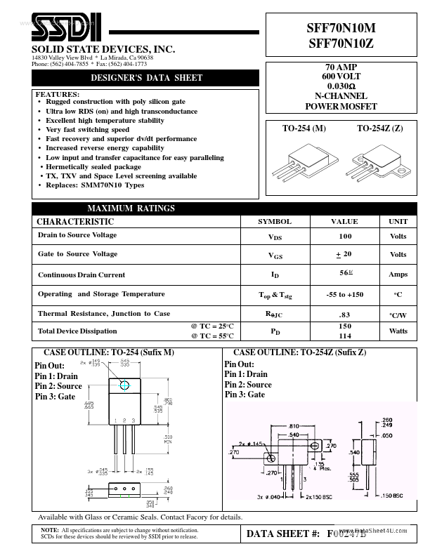 <?=SFF70N10Z?> डेटा पत्रक पीडीएफ