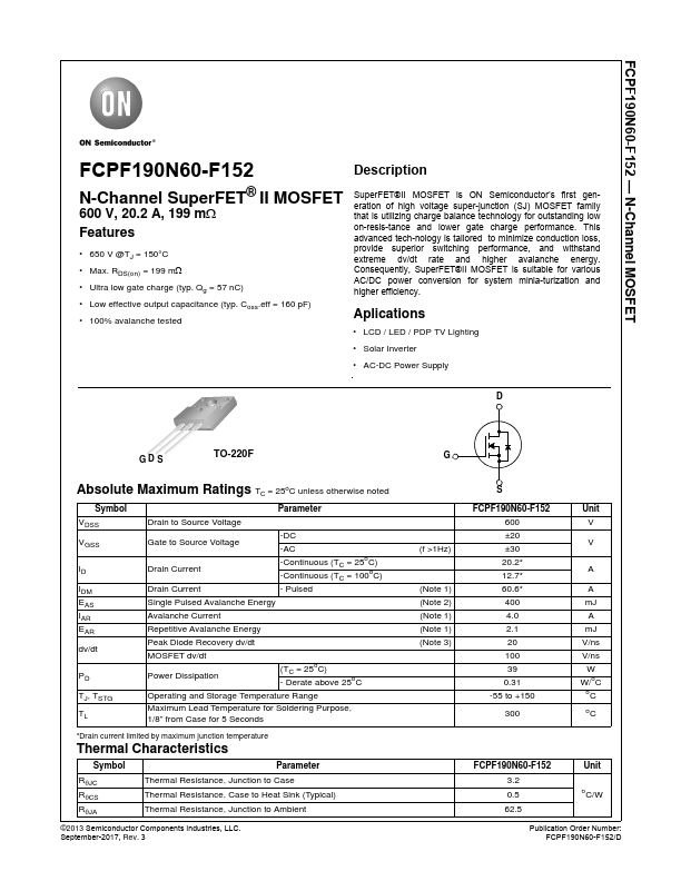 FCPF190N60-F152 ON Semiconductor