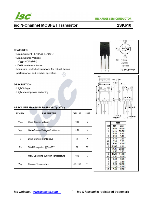 2SK610 Inchange Semiconductor