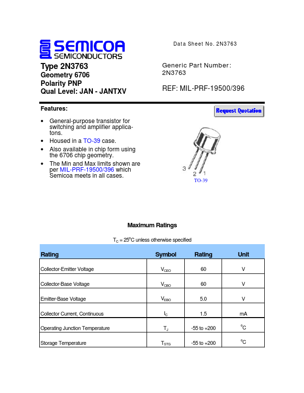 2N3763 Semicoa Semiconductor
