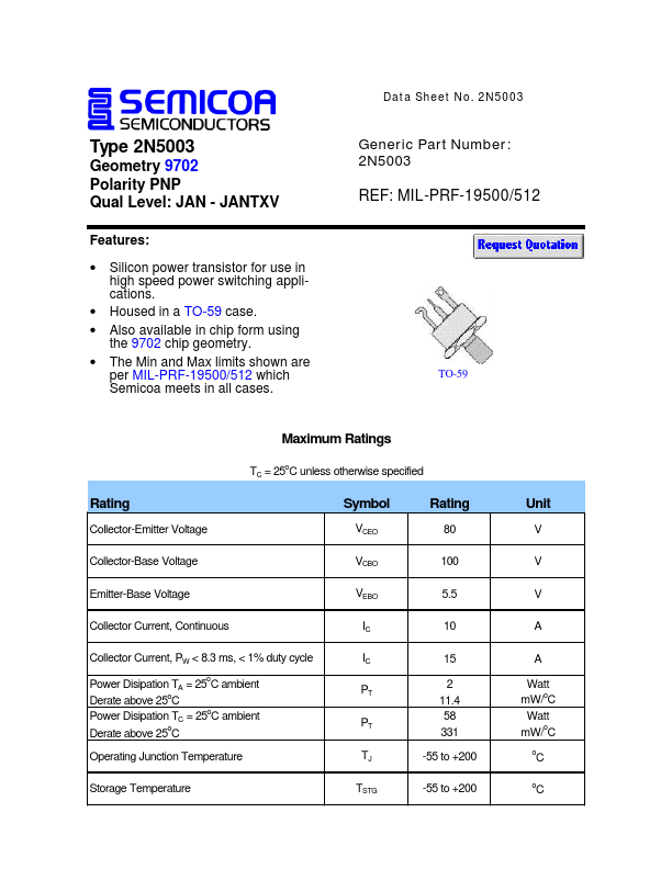 2N5003 Semicoa Semiconductor