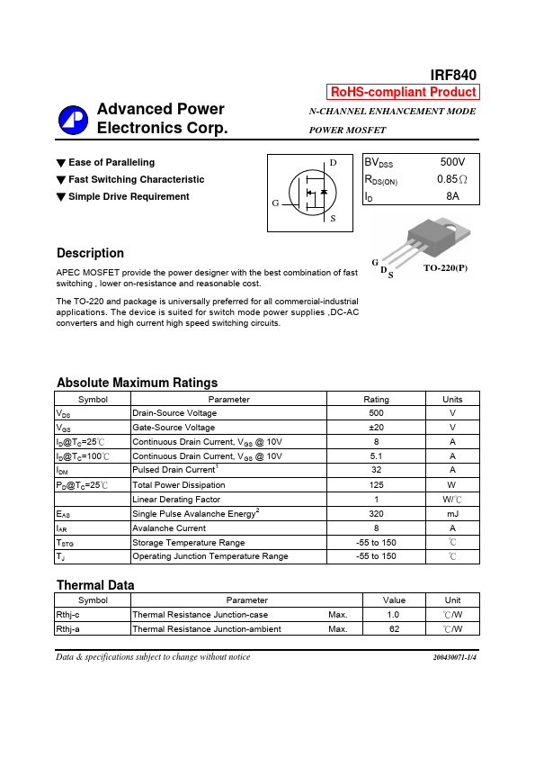 IRF840 Advanced Power Electronics