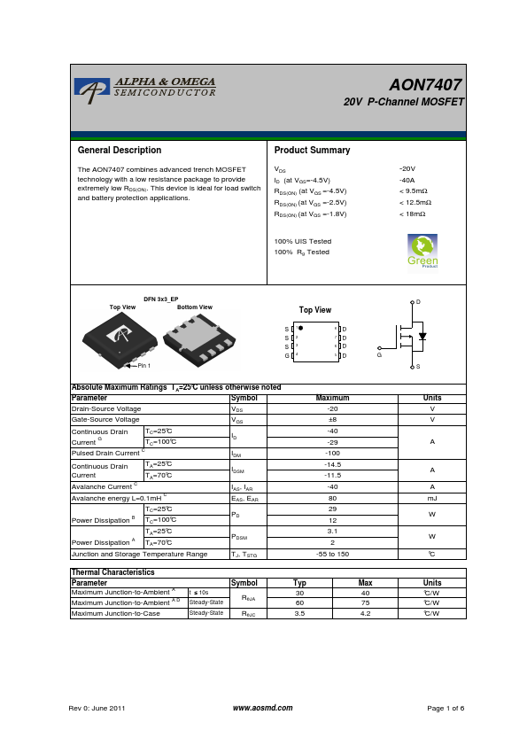 AON7407 Alpha & Omega Semiconductors