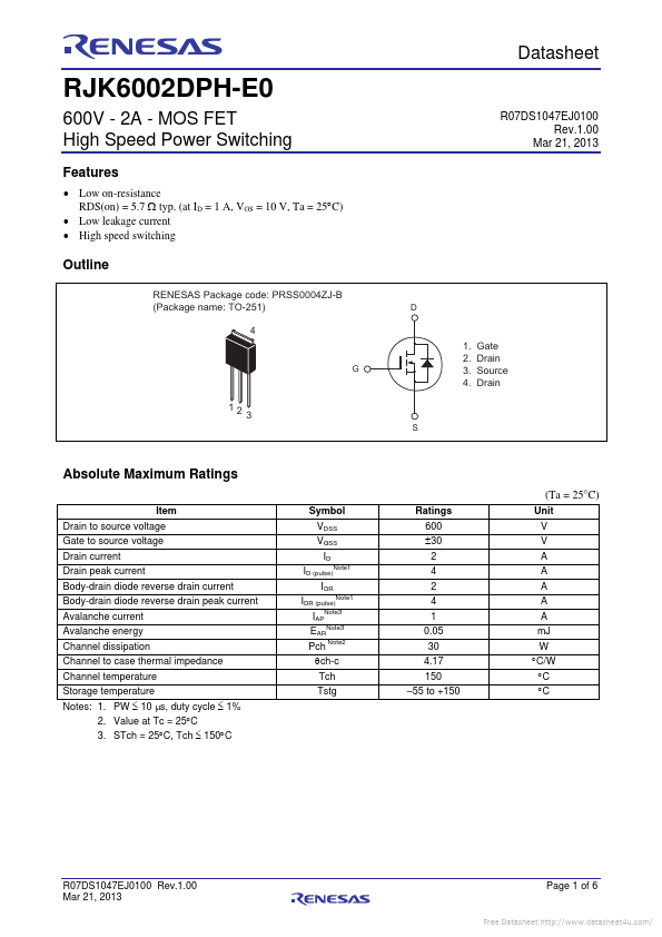 RJK6002DPH-E0 Renesas