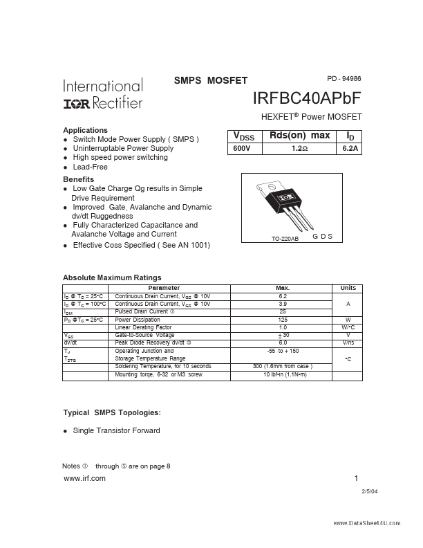 IRFBC40APBF International Rectifier