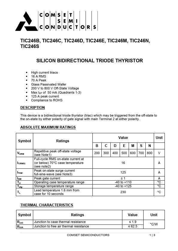 TIC246C Comset Semiconductors