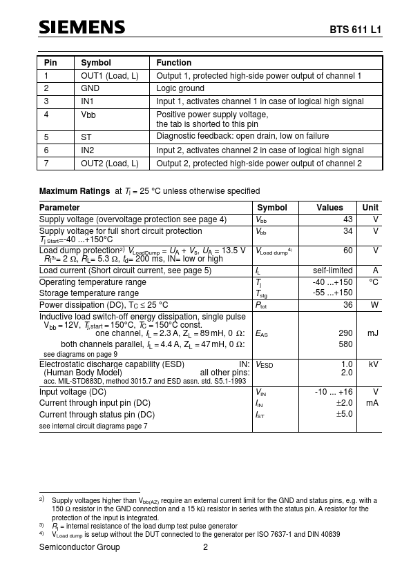 BTS611L1 DataSheet | Siemens Semiconductor Group