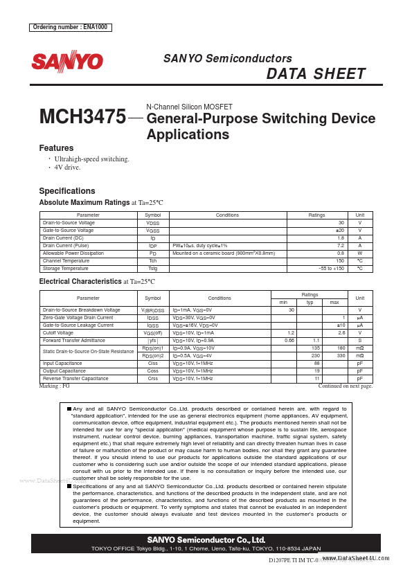 MCH3475 Sanyo Semicon Device