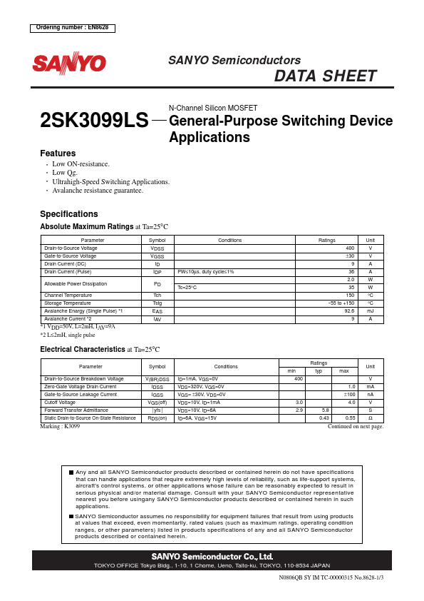 2SK3099LS Sanyo Semicon Device