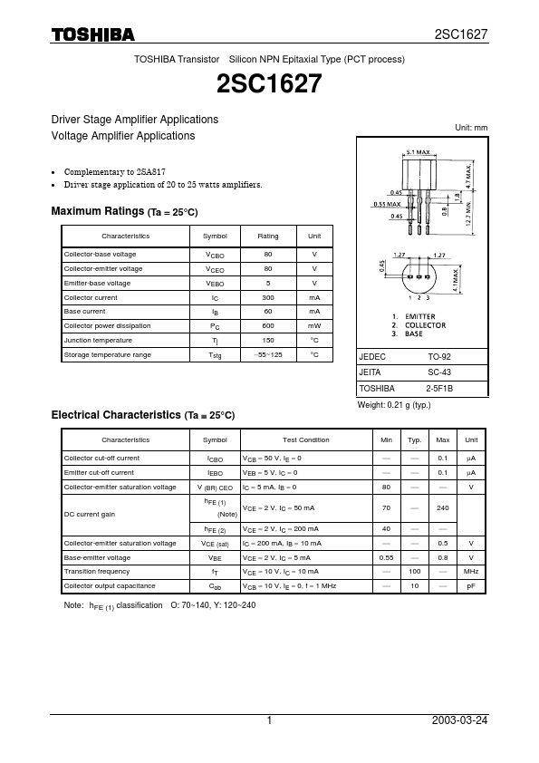 2SC1627 Toshiba Semiconductor