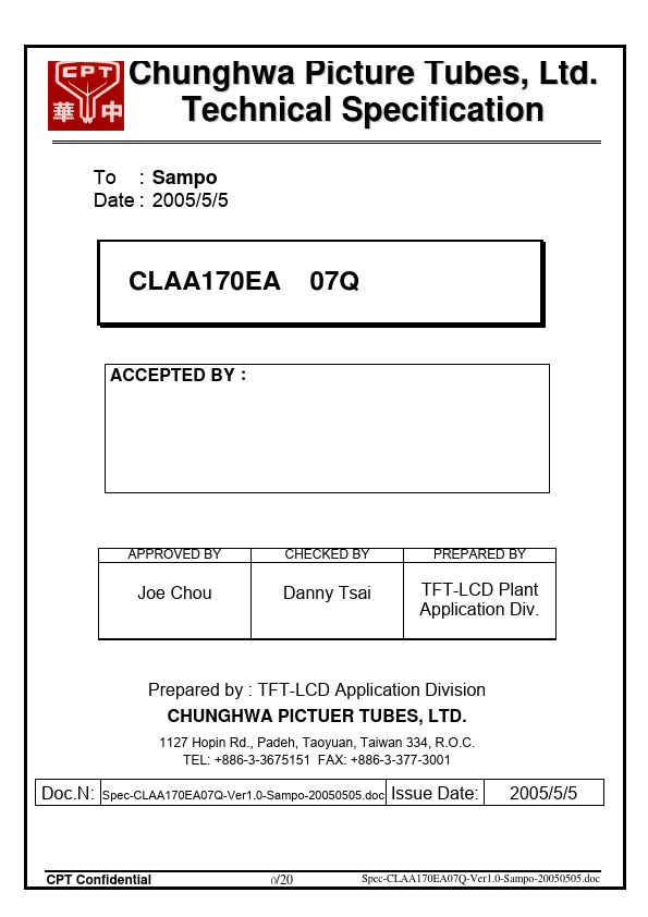 CLAA170EA07Q CHUNGHWA PICTURE TUBES