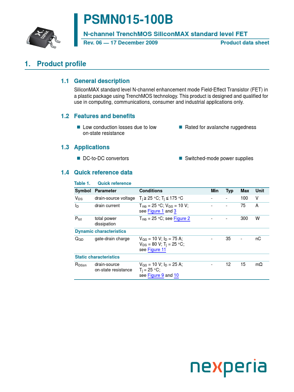 <?=PSMN015-100B?> डेटा पत्रक पीडीएफ