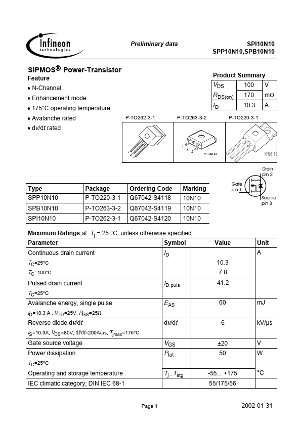 SPI10N10 Infineon Technologies