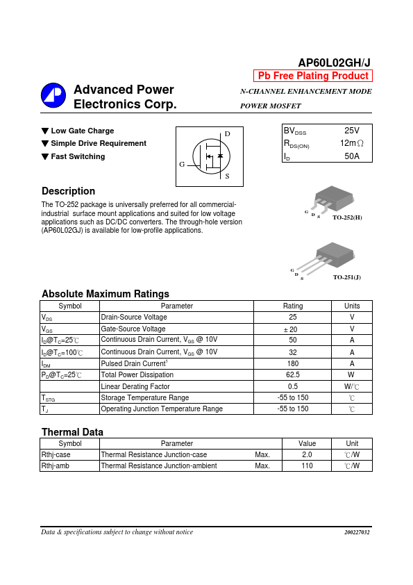 AP60L02GJ Advanced Power Electronics