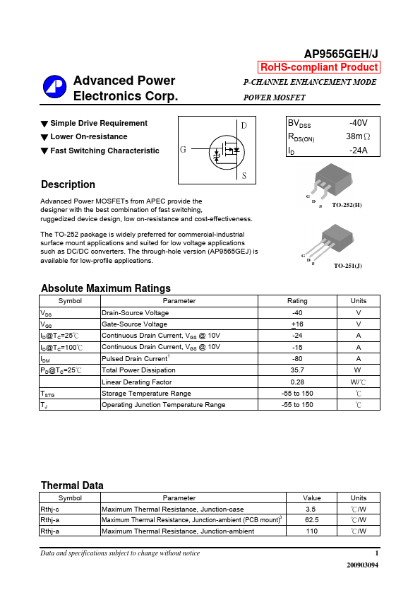 AP9565GEH Advanced Power Electronics