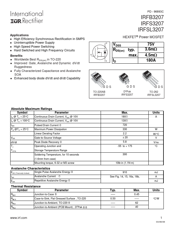 <?=IRFS3207?> डेटा पत्रक पीडीएफ