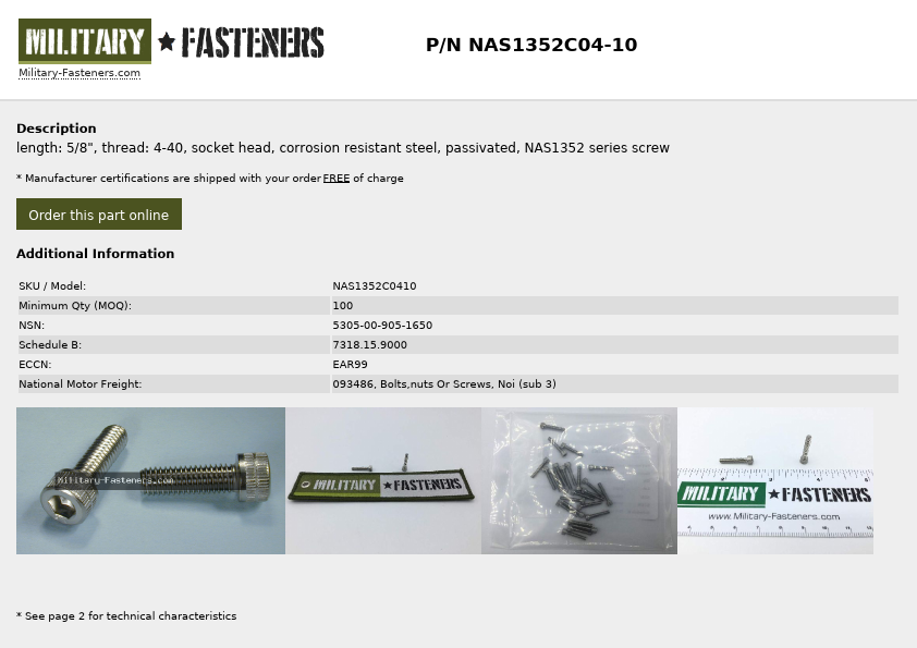 NAS1352C04-10 military fasteners