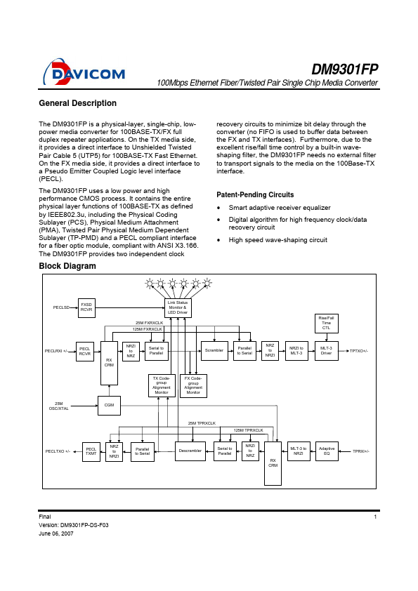 DM9301FP Converter Datasheet pdf - Media Converter. Equivalent, Catalog