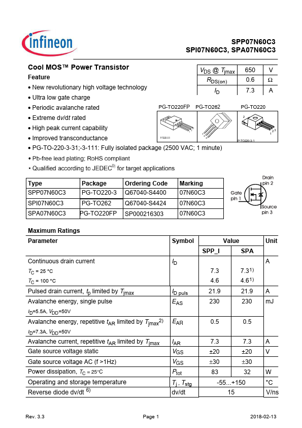 SPI07N60C3 Infineon Technologies