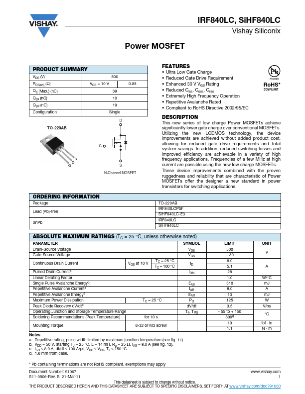 SiHF840LC Vishay Siliconix