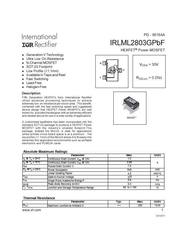 <?=IRLML2803GPBF?> डेटा पत्रक पीडीएफ