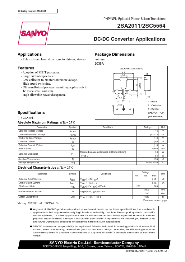 2SC5564 Sanyo Semicon Device