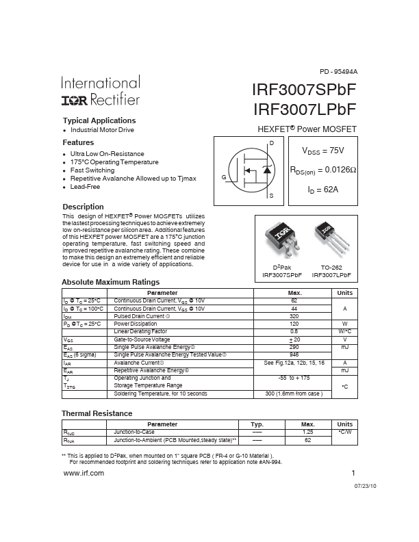 IRF3007SPBF International Rectifier