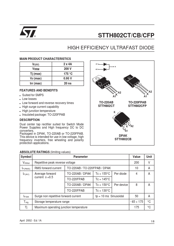 STTH802CFP STMicroelectronics