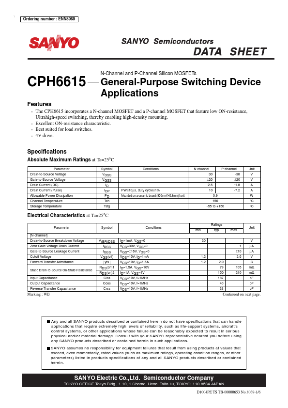 CPH6615 Sanyo Semicon Device