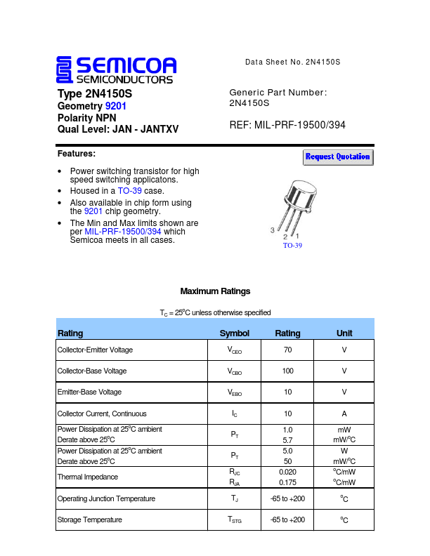 2N4150S Semicoa Semiconductor