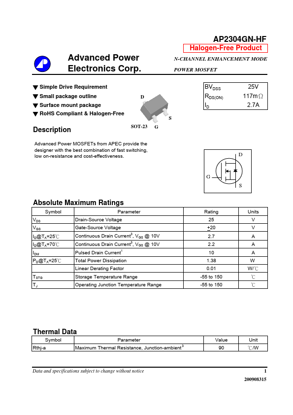 AP2304GN-HF Advanced Power Electronics