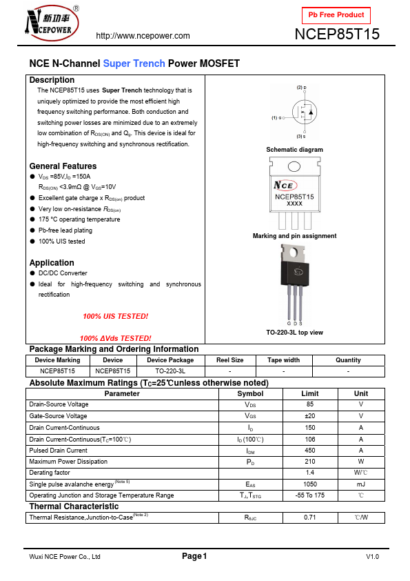 NCEP85T15 NCE Power Semiconductor