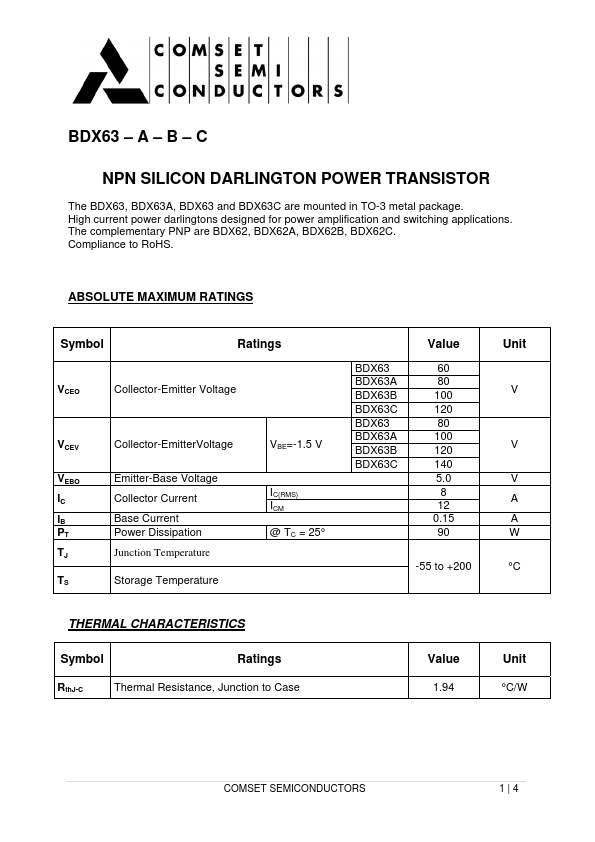 BDX63A Comset Semiconductors