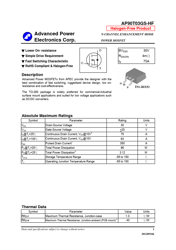 AP90T03GS-HF Advanced Power Electronics