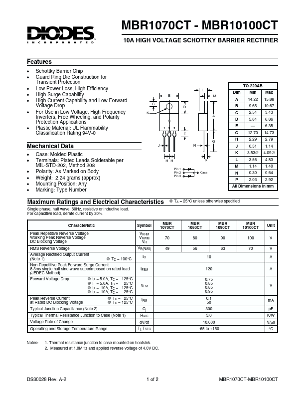 MBR1070CT Diodes Incorporated