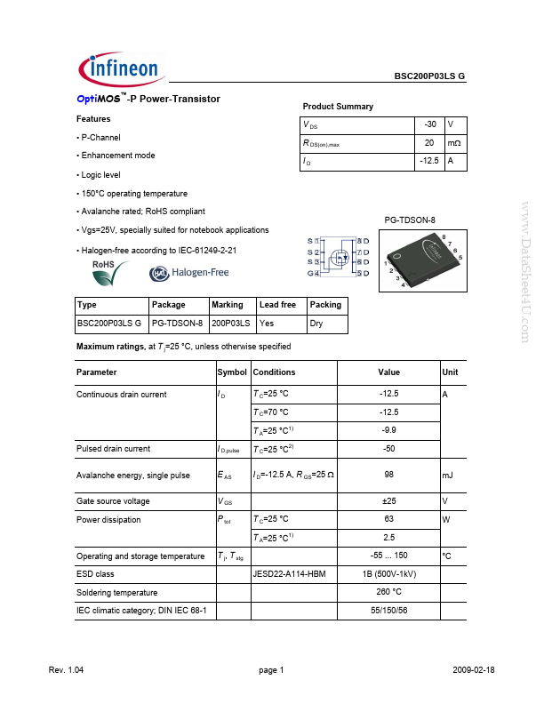 <?=BSC200P03LSG?> डेटा पत्रक पीडीएफ