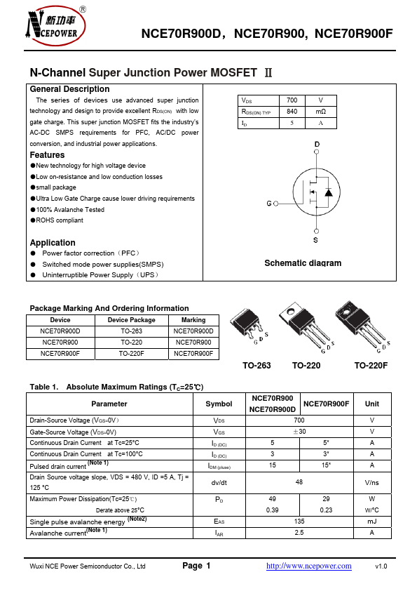 NCE70R900 NCE Power Semiconductor