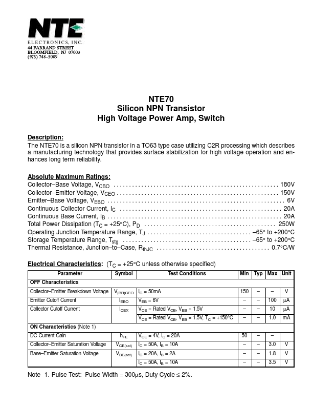 <?=NTE70?> डेटा पत्रक पीडीएफ