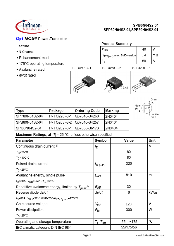 SPB80N04S2-04 Infineon Technologies