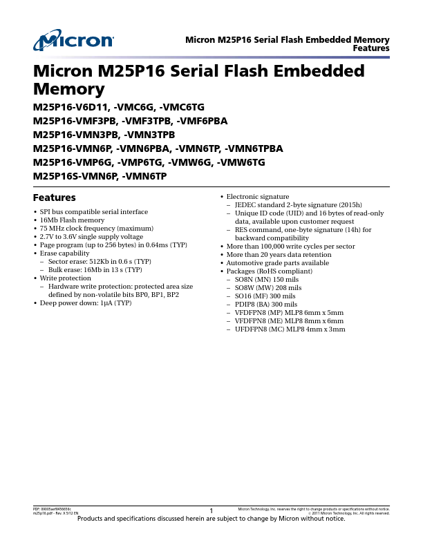 M25P16-VMP6TG Micron