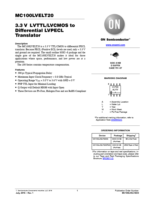 MC100LVELT20 ON Semiconductor